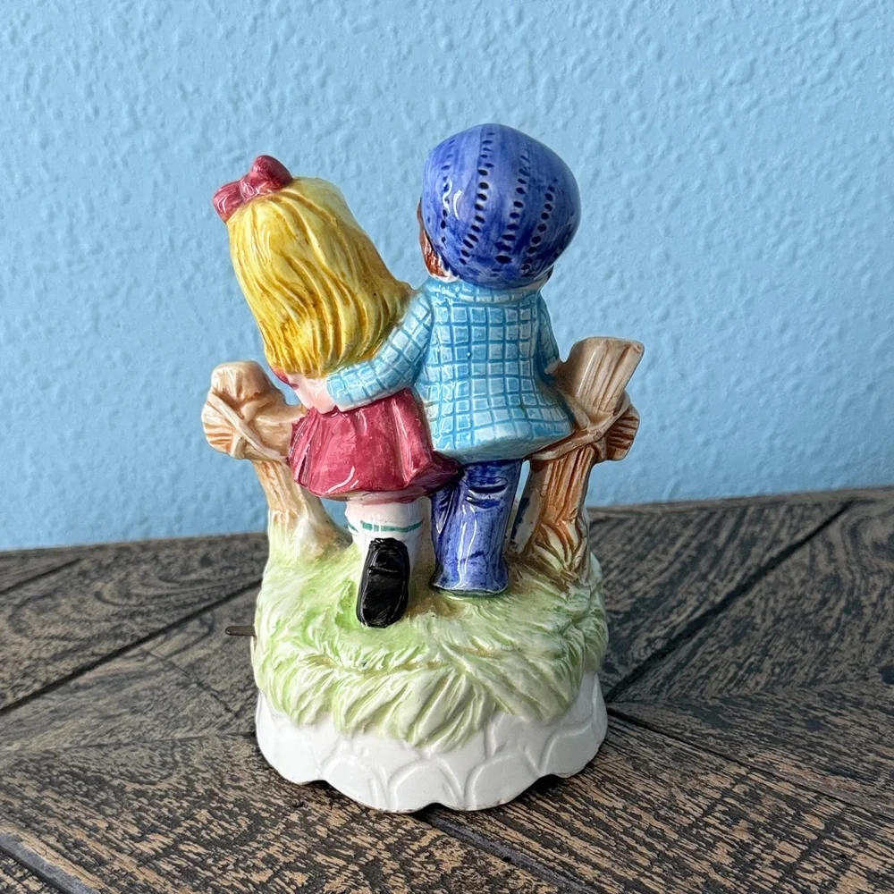 Vintage 1970s Made in Japan Musical Figurine – Boy & Girl on Fence with Dog
